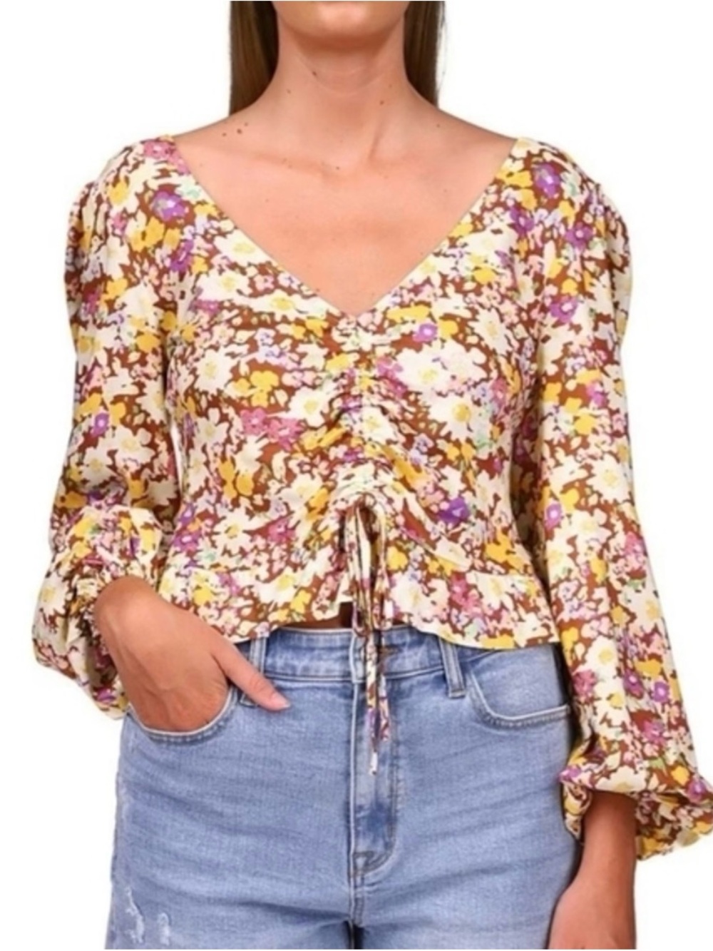 Sanctuary Floral Ruched Drawstring Long-Sleeve Crop Top in Mustard Multi